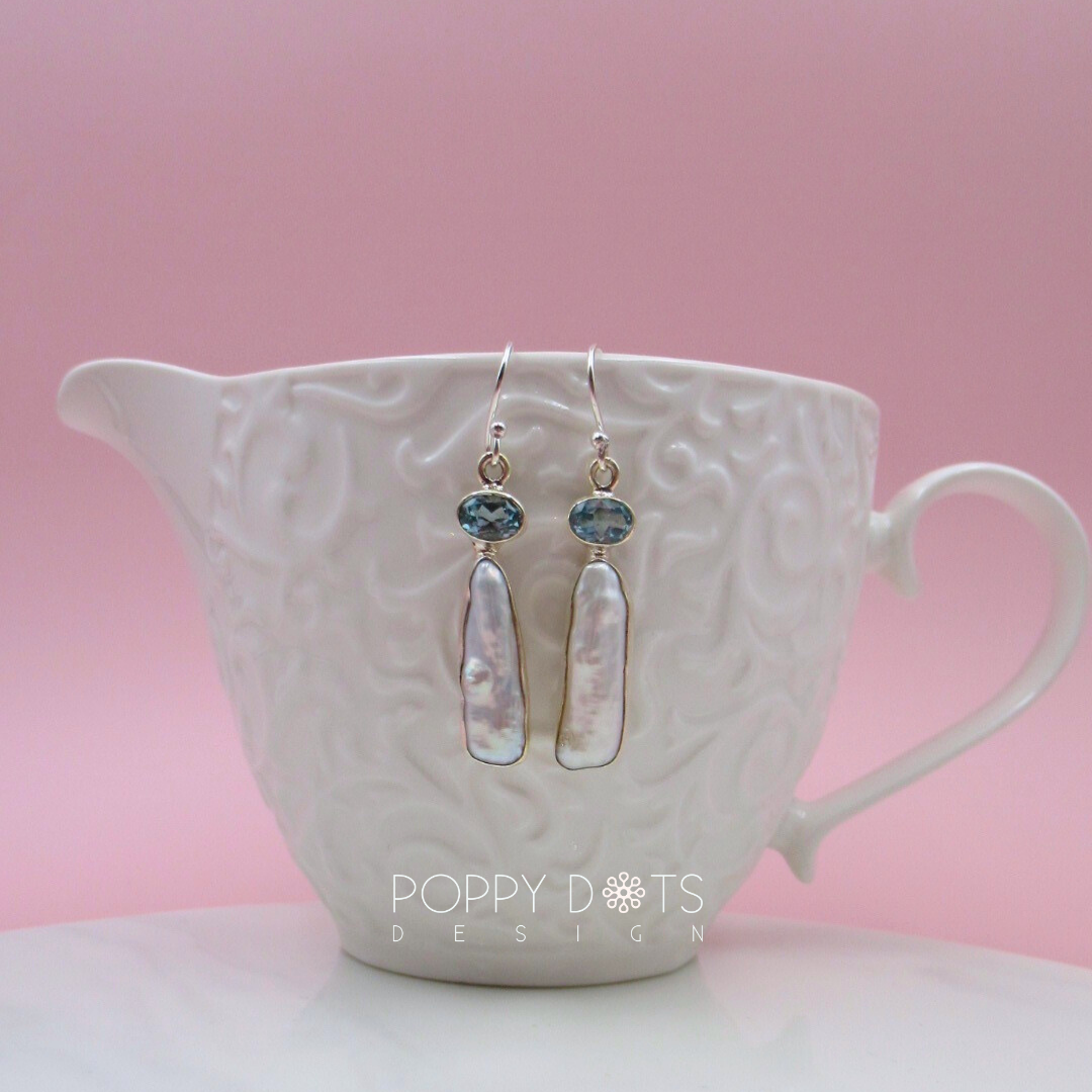 Exclusive Sterling Silver Blue Topaz Long Pearl Earrings and Ring Set