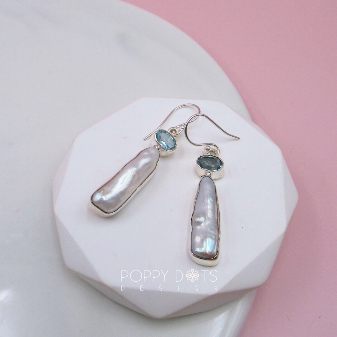 Exclusive Sterling Silver Blue Topaz Long Pearl Earrings and Ring Set