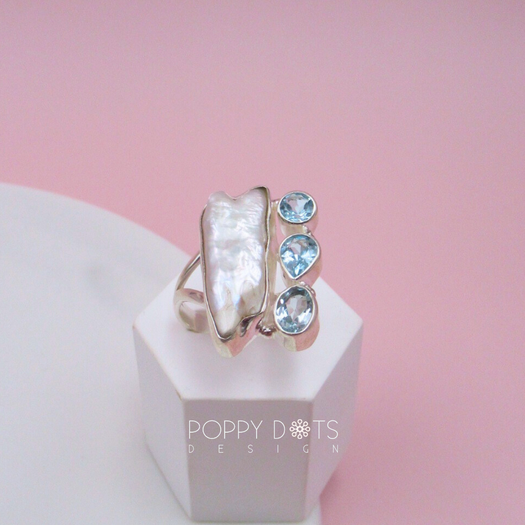 Exclusive Sterling Silver Blue Topaz Long Pearl Earrings and Ring Set