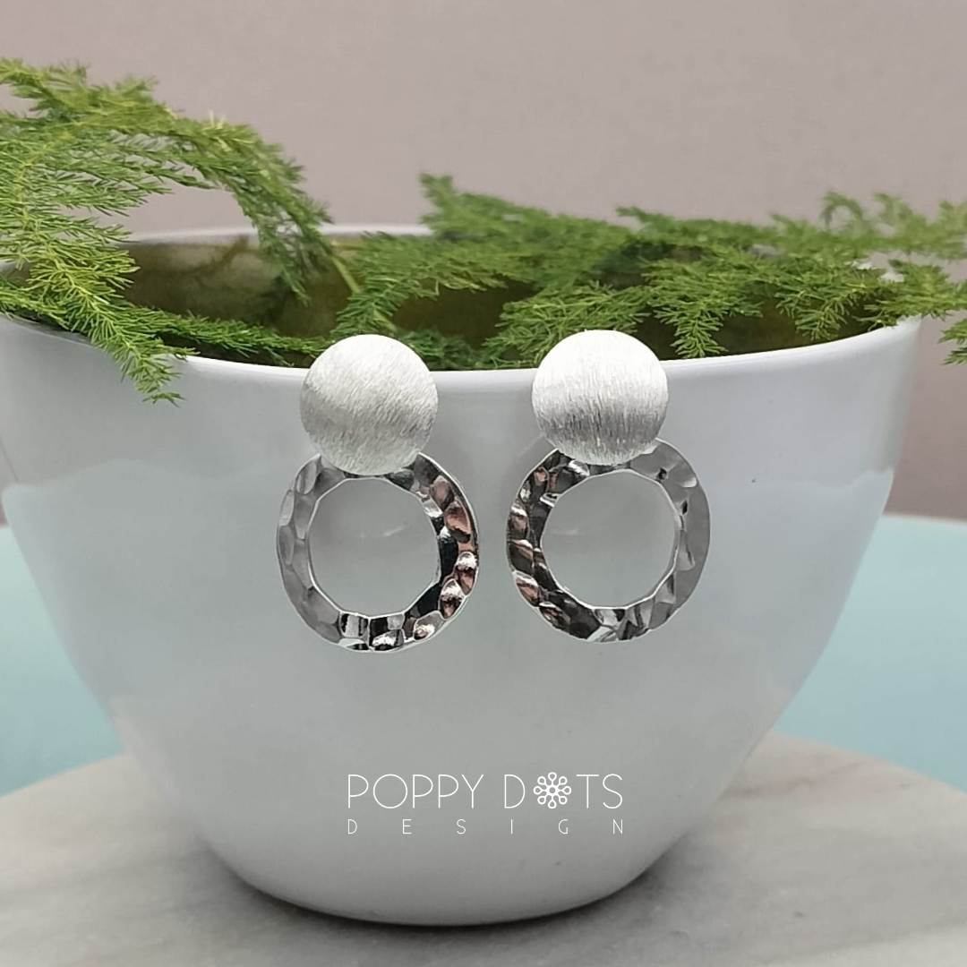 Sterling Silver Brushed and Hammered Double Circle Studs
