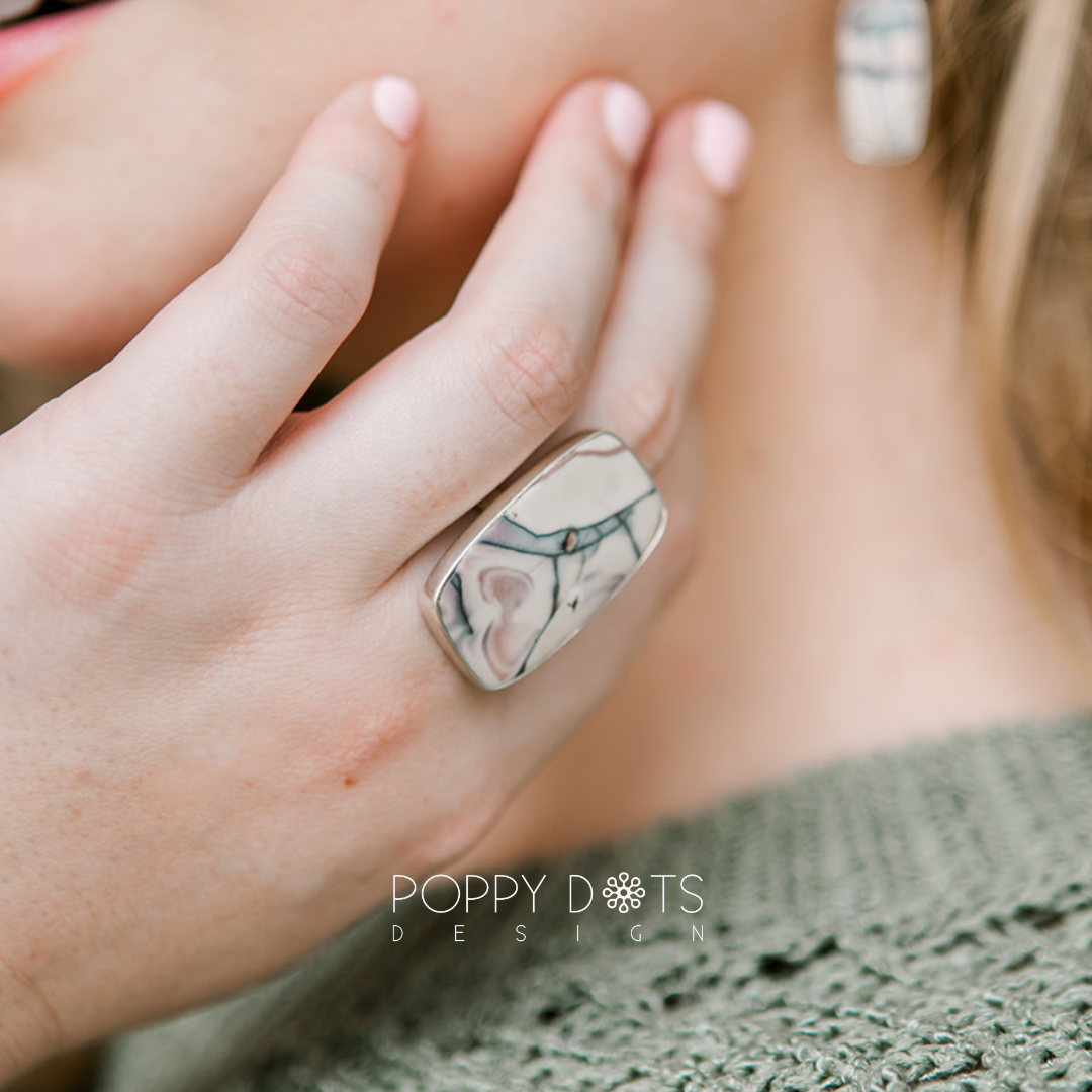 Luxurious Sterling Silver Butterfly Jasper Earrings and Ring Set