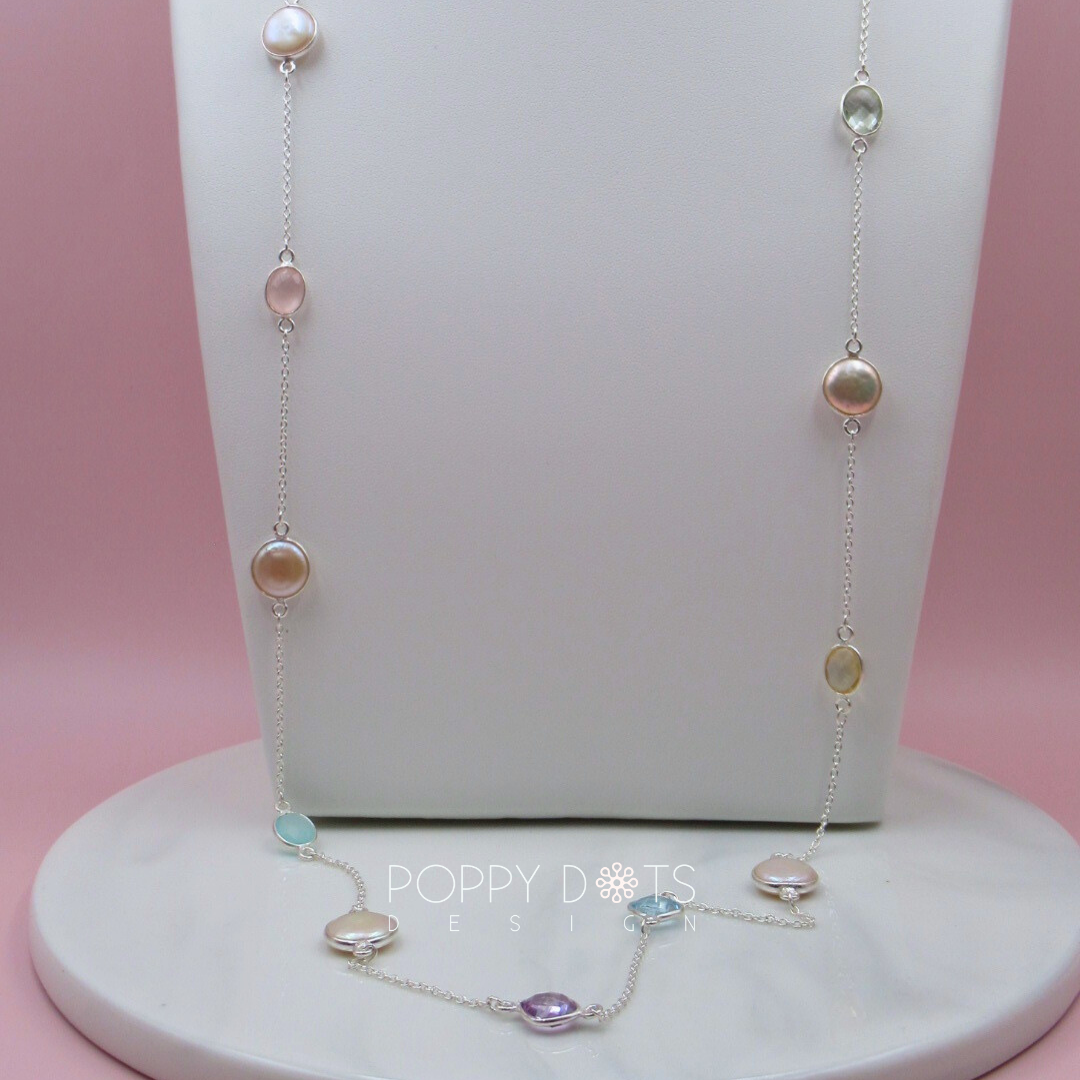 Sterling Silver Coin Pearl, Purple Amethyst, Blue Topaz, Citrine Quartz, Rose Quartz, Blue Onyx and Green Amethyst Necklace (90cm)