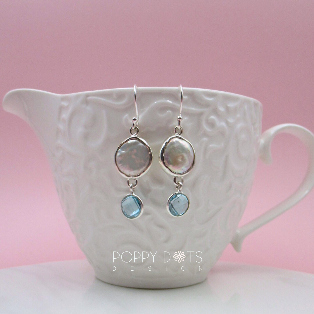 Luxurious Sterling Silver Coin Blue Topaz Earrings