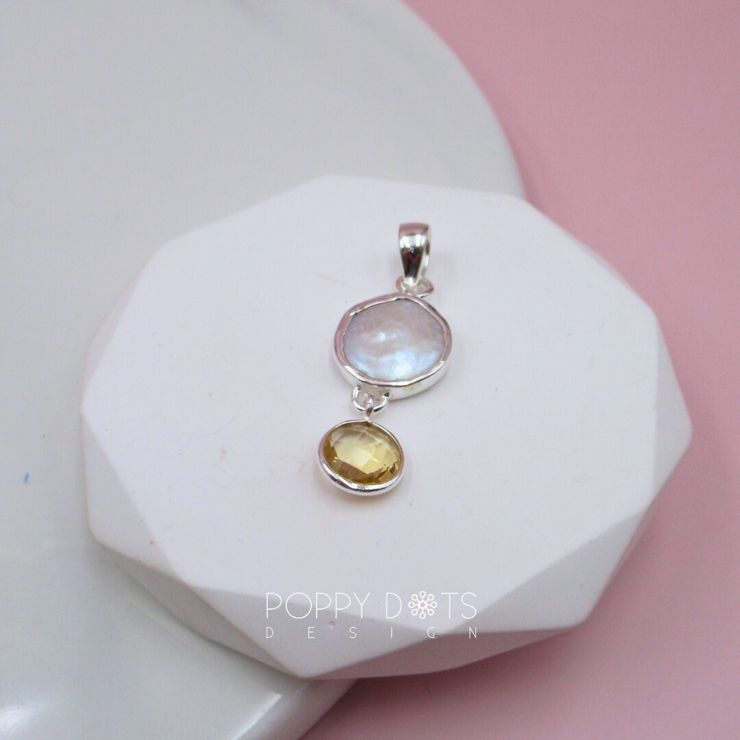 Luxurious Sterling Silver Coin Pearl and Citrine Quartz Pendant