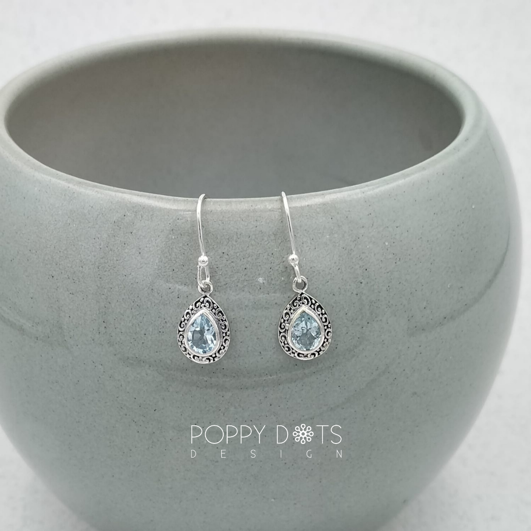 Sterling Silver Dainty Blue Topaz Filigree Earrings