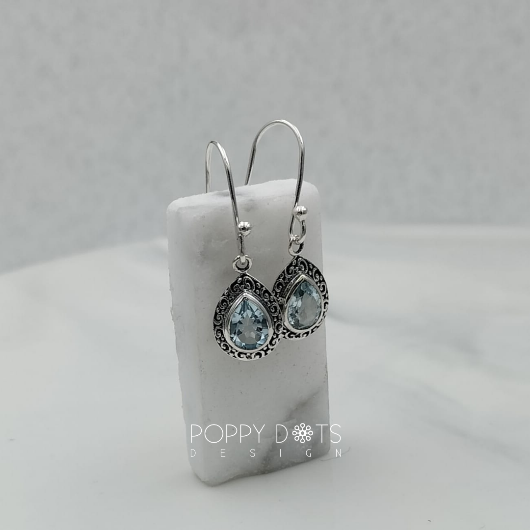 Sterling Silver Dainty Blue Topaz Filigree Earrings