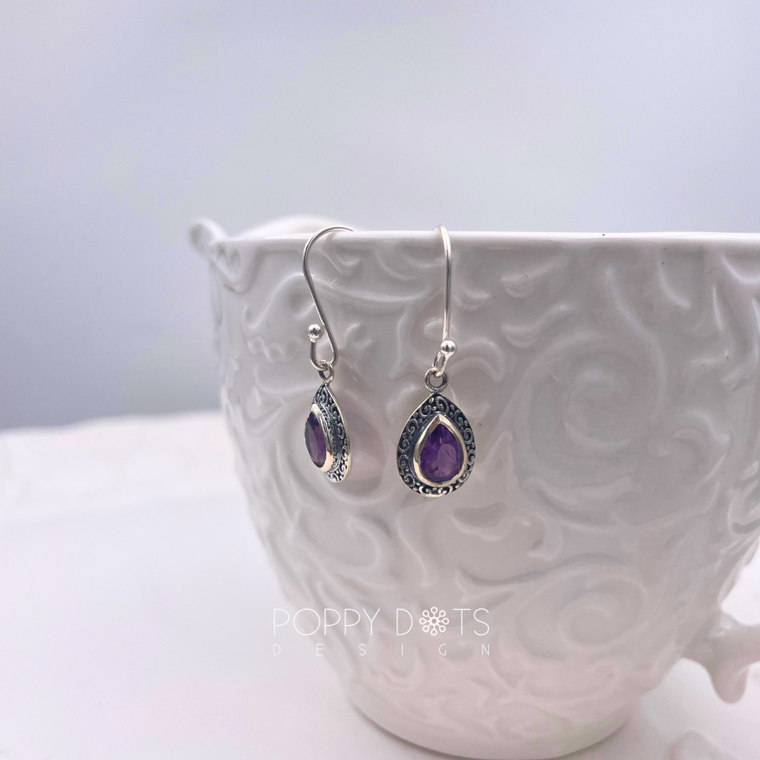 Sterling Silver Dainty Purple Amethyst Drop Earrings