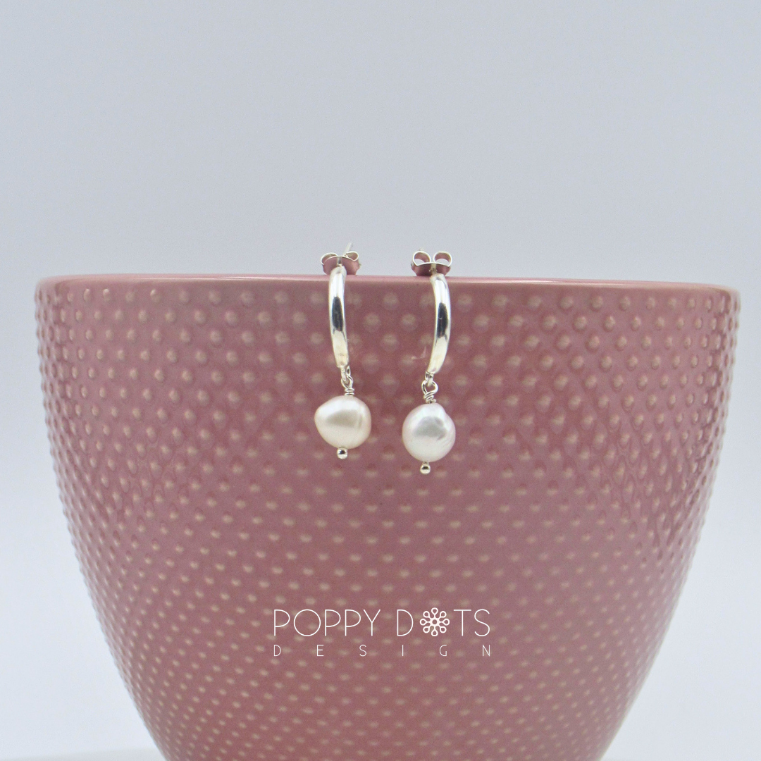 Sterling Silver Dangling Half Hoop Pearl Stud Earrings