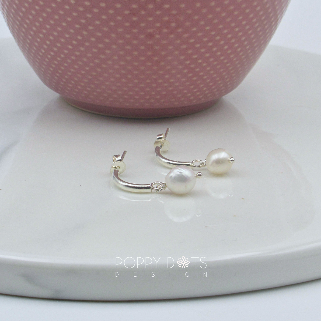 Sterling Silver Dangling Half Hoop Pearl Stud Earrings