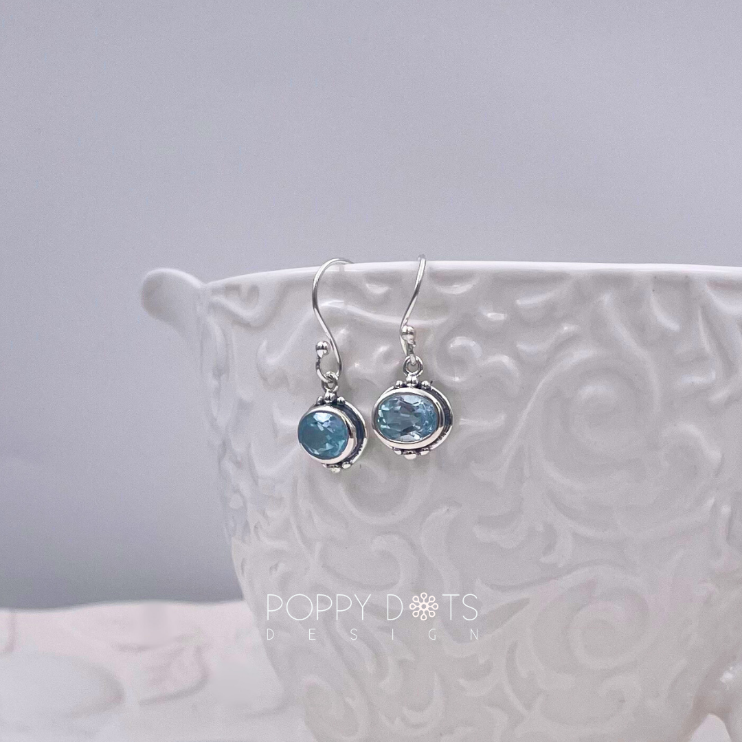 Sterling Silver Detailed Oval Blue Topaz Earrings