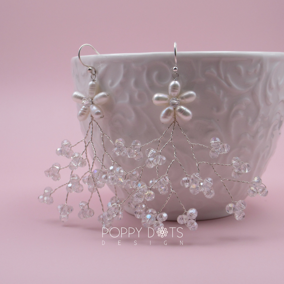 Sterling Silver Dewdrop Branch Pearl and Crystal Earrings