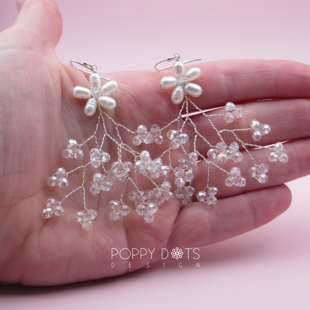 Sterling Silver Dewdrop Branch Pearl and Crystal Earrings