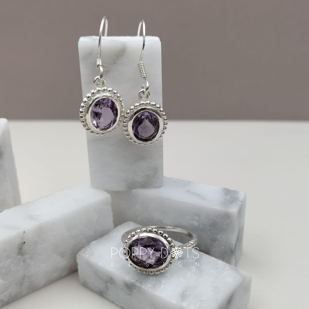 Sterling Silver Dottie Oval Purple Amethyst Earrings