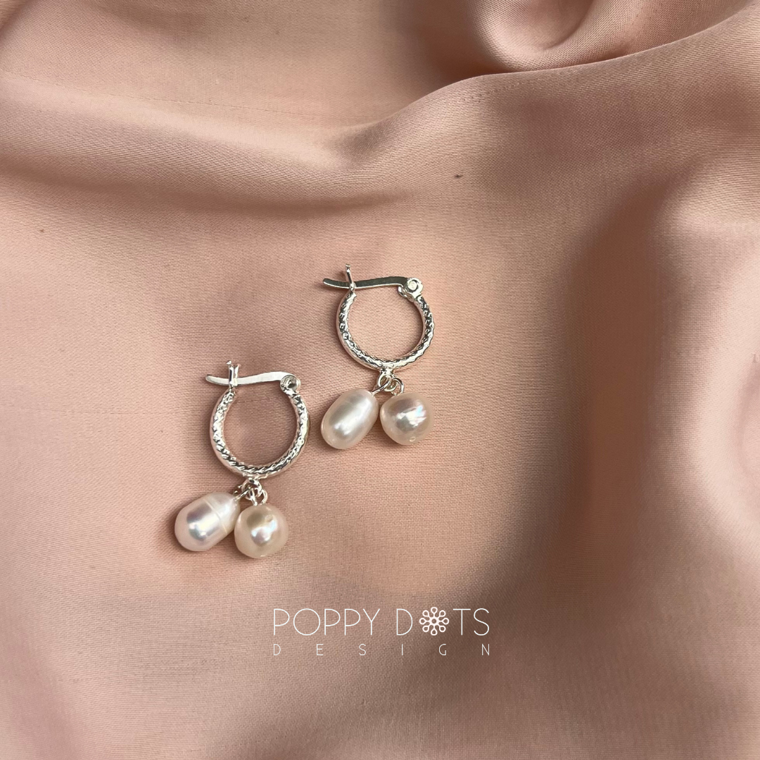 Sterling Silver Double Dangle Pearl Hoop Earrings