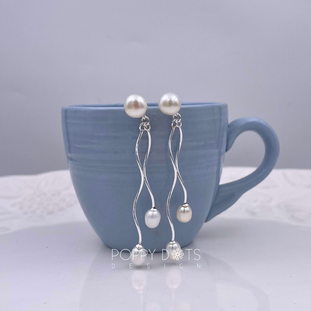 Sterling Silver Double Dangle Pearl Studs