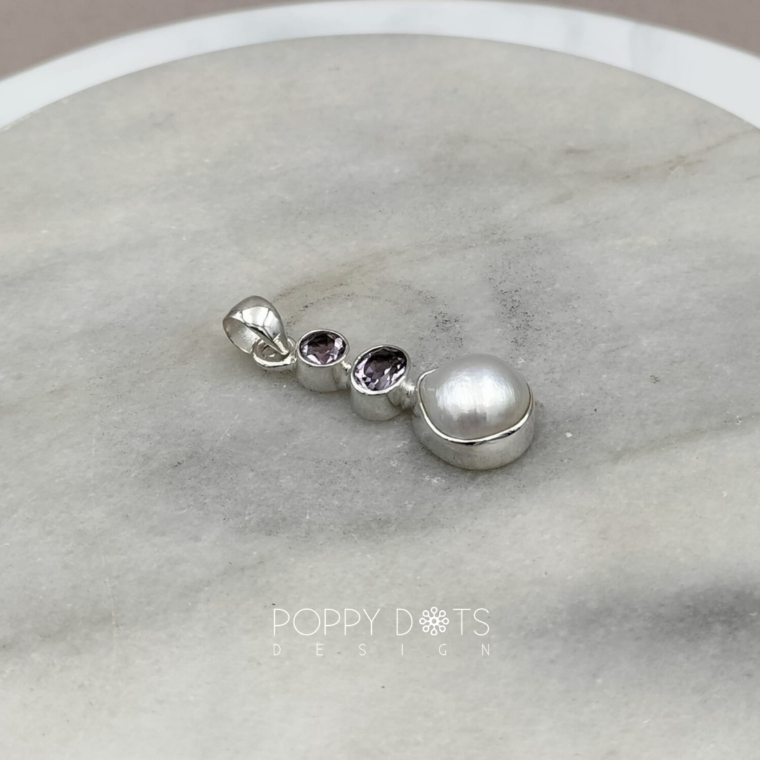 Sterling Silver Pearl and Double Purple Amethyst Pendant