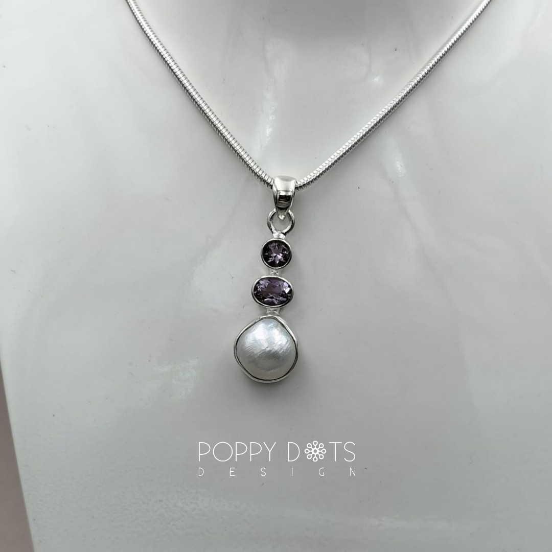Sterling Silver Pearl and Double Purple Amethyst Pendant
