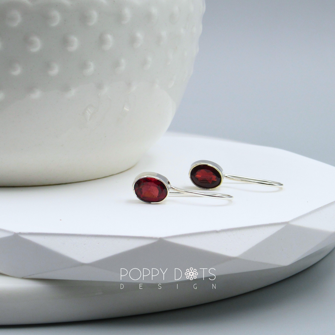 Sterling Silver Fixed Hook Oval Garnet Earrings
