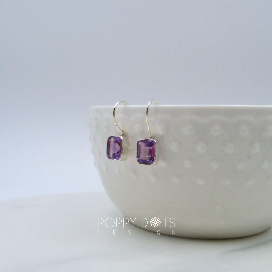 Sterling Silver Rectangular Purple Amethyst Fixed Hook Earrings
