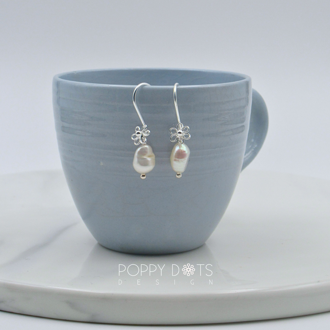 Sterling Silver Flower Pearl Earrings