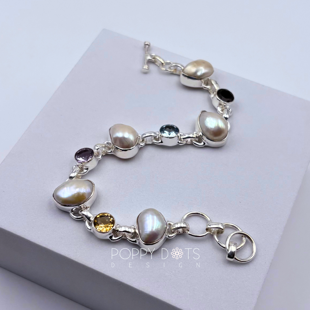 Freshwater Pearl, Blue Topaz, Purple Amethyst, Garnet and Citrine Quartz Bracelet set in Sterling Silver