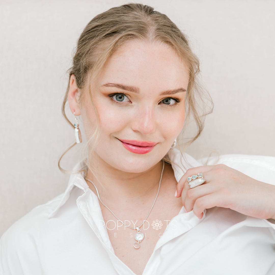 Exclusive Sterling Silver Blue Topaz Long Pearl Earrings and Ring Set