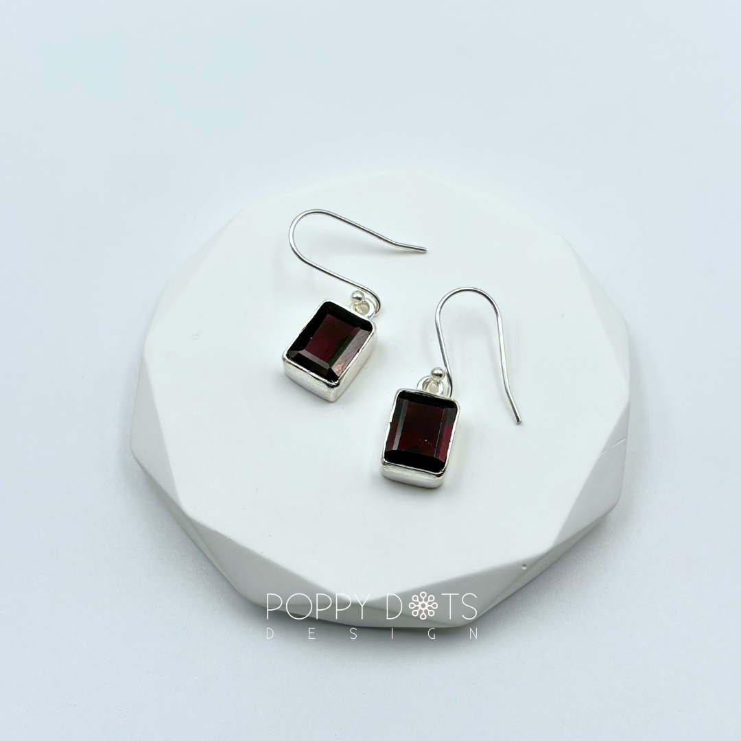Sterling Silver Rectangular Garnet Earrings