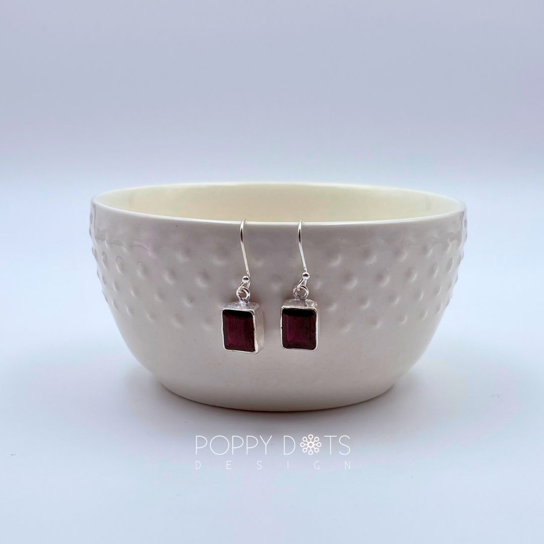 Sterling Silver Rectangular Garnet Earrings