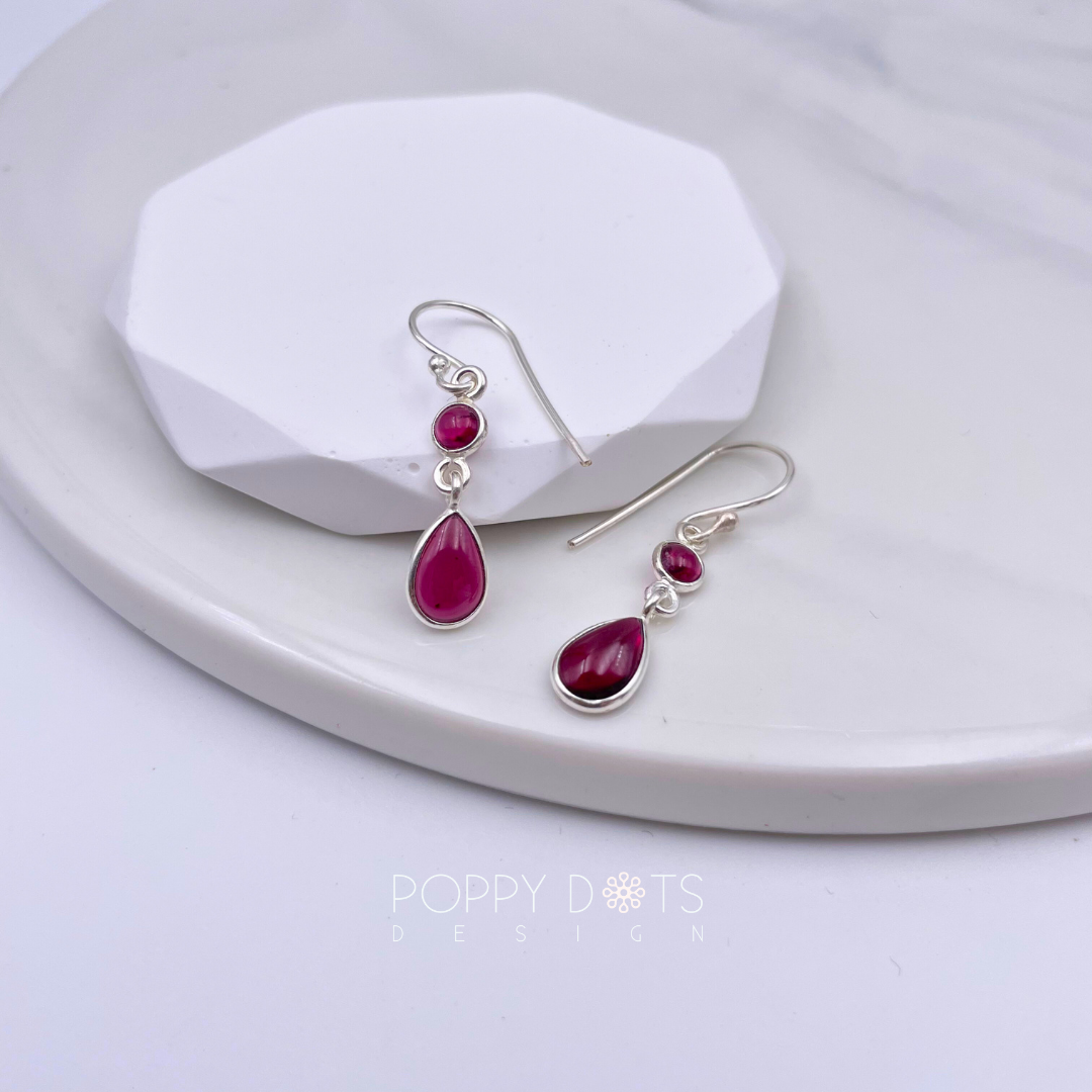 Sterling Silver Cab Double Garnet Earrings