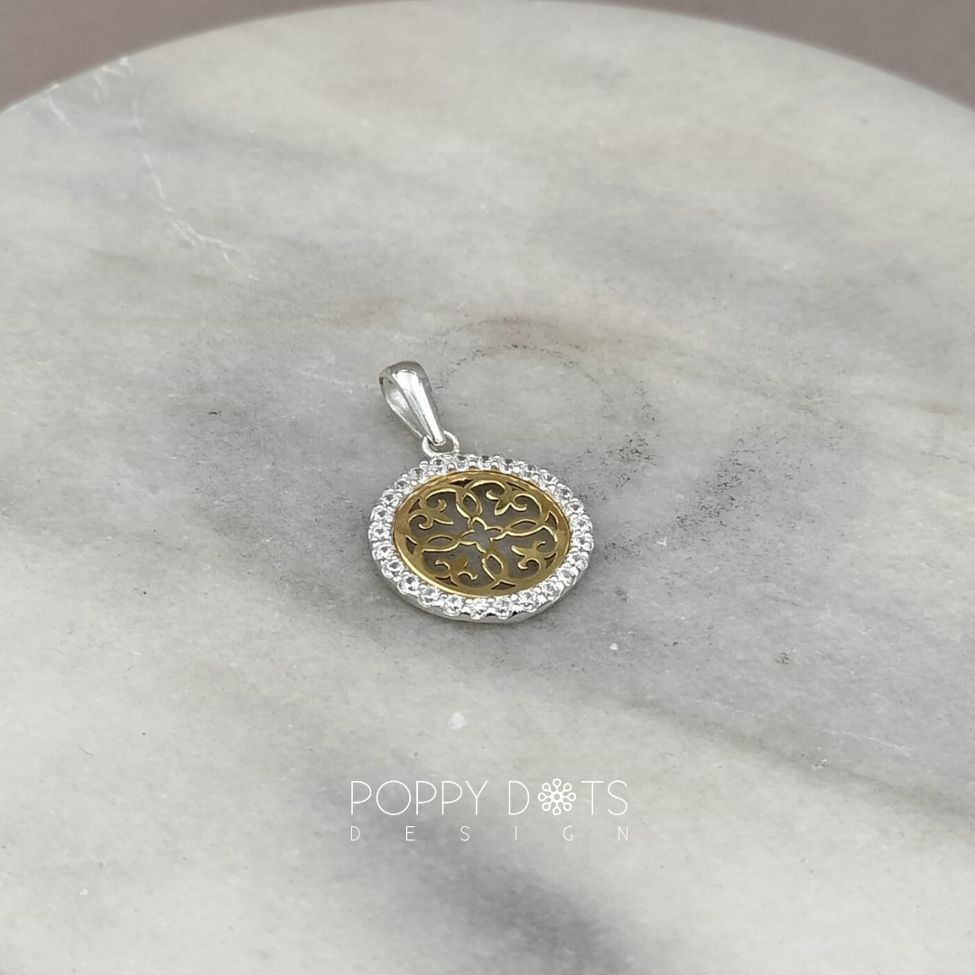 Sterling Silver Gold Plated Filigree Pendant with Zirconias