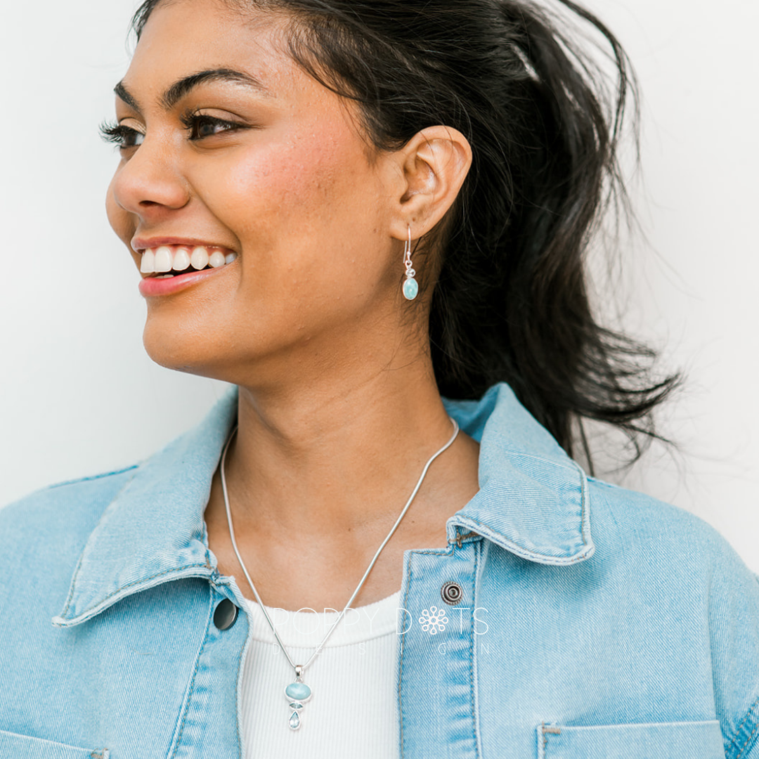 Luxurious Sterling Silver Larimar and Blue Topaz Earring and Pendant Set