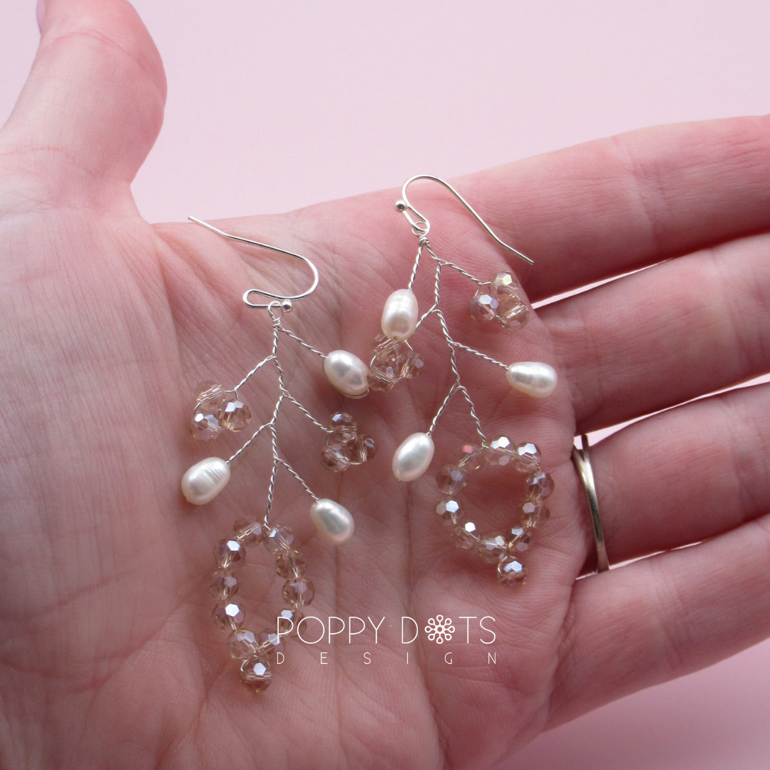 Sterling Silver Laurel Pearl and Crystal Earrings