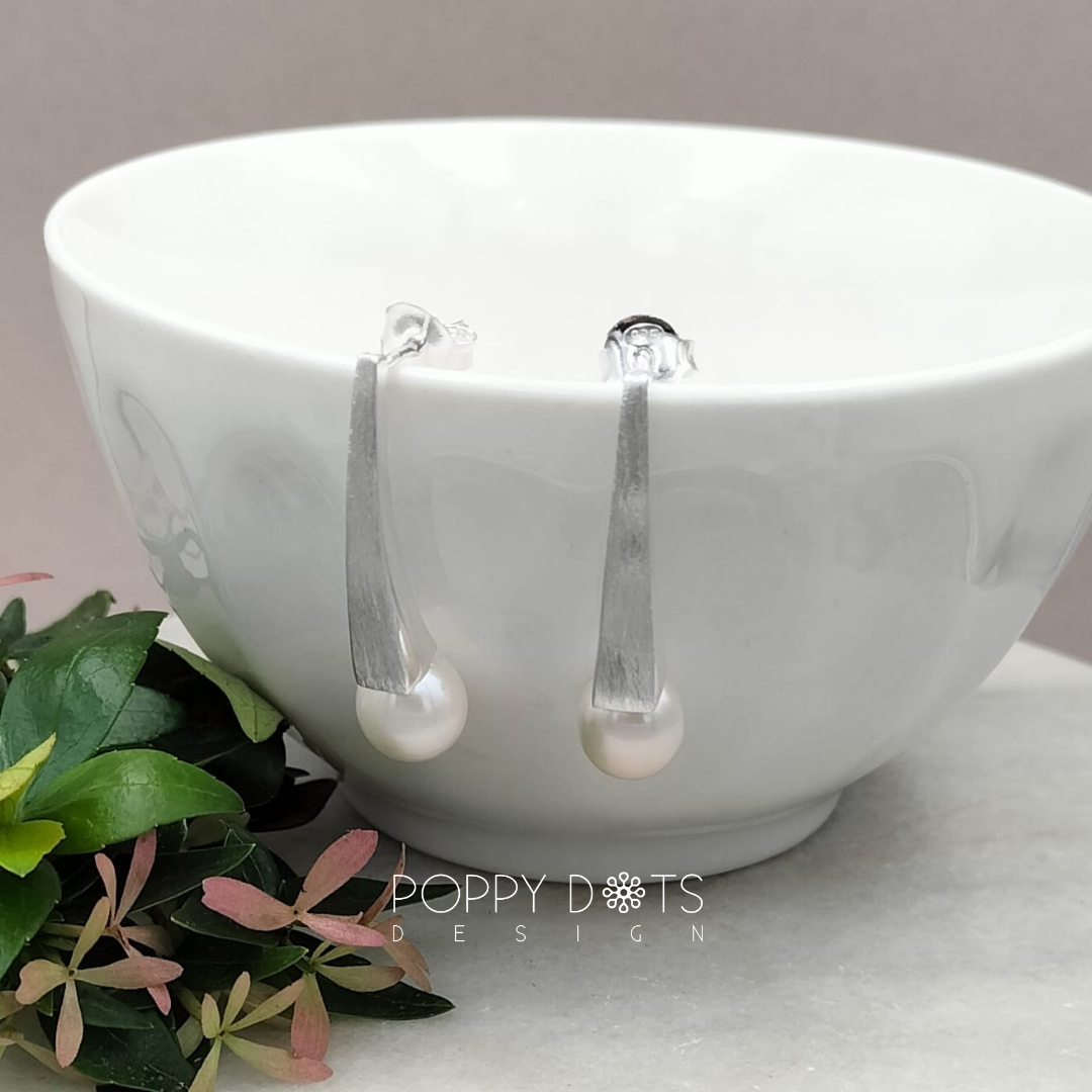 Sterling Silver Louella Brushed Drop Pearl Earrings