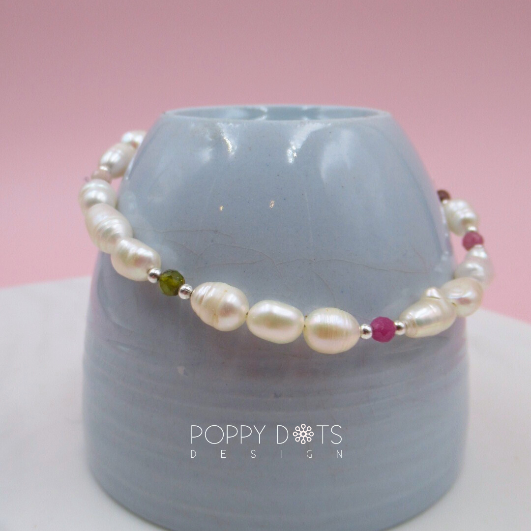 Sterling Silver Mixed Tourmaline and Freshwater Pearl Bracelet