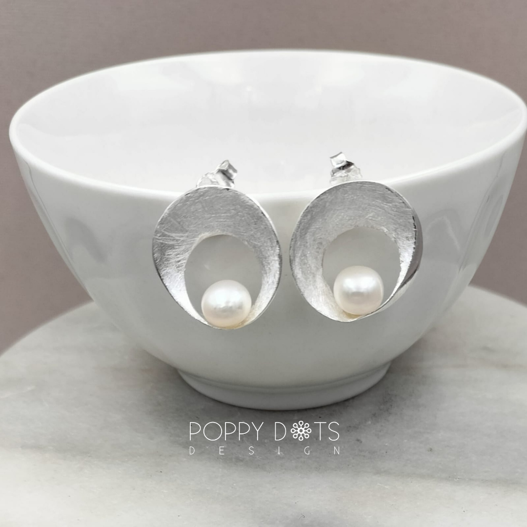 Sterling Silver Modern Brushed Pearl Studs