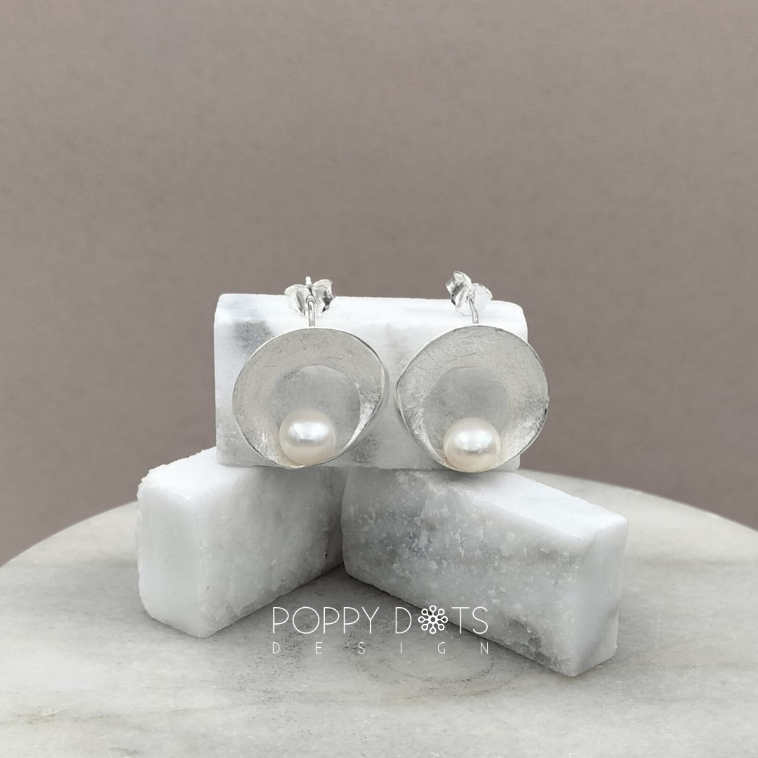 Sterling Silver Modern Brushed Pearl Studs