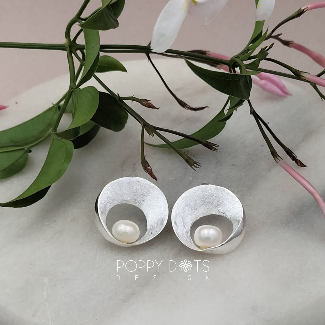 Sterling Silver Modern Brushed Pearl Studs