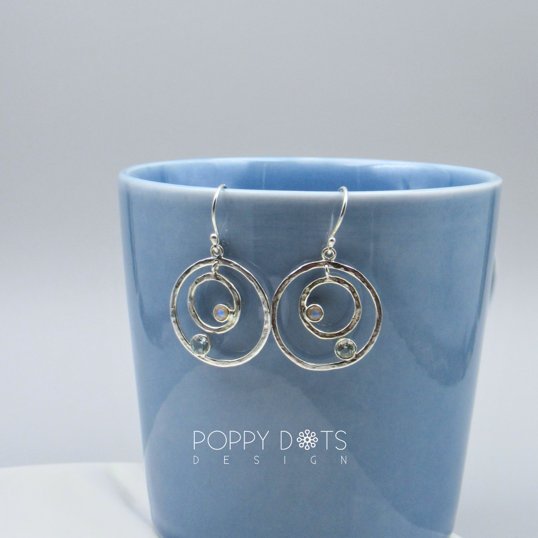 Sterling Silver Modern Double Circle Blue Topaz and Moonstone Earrings