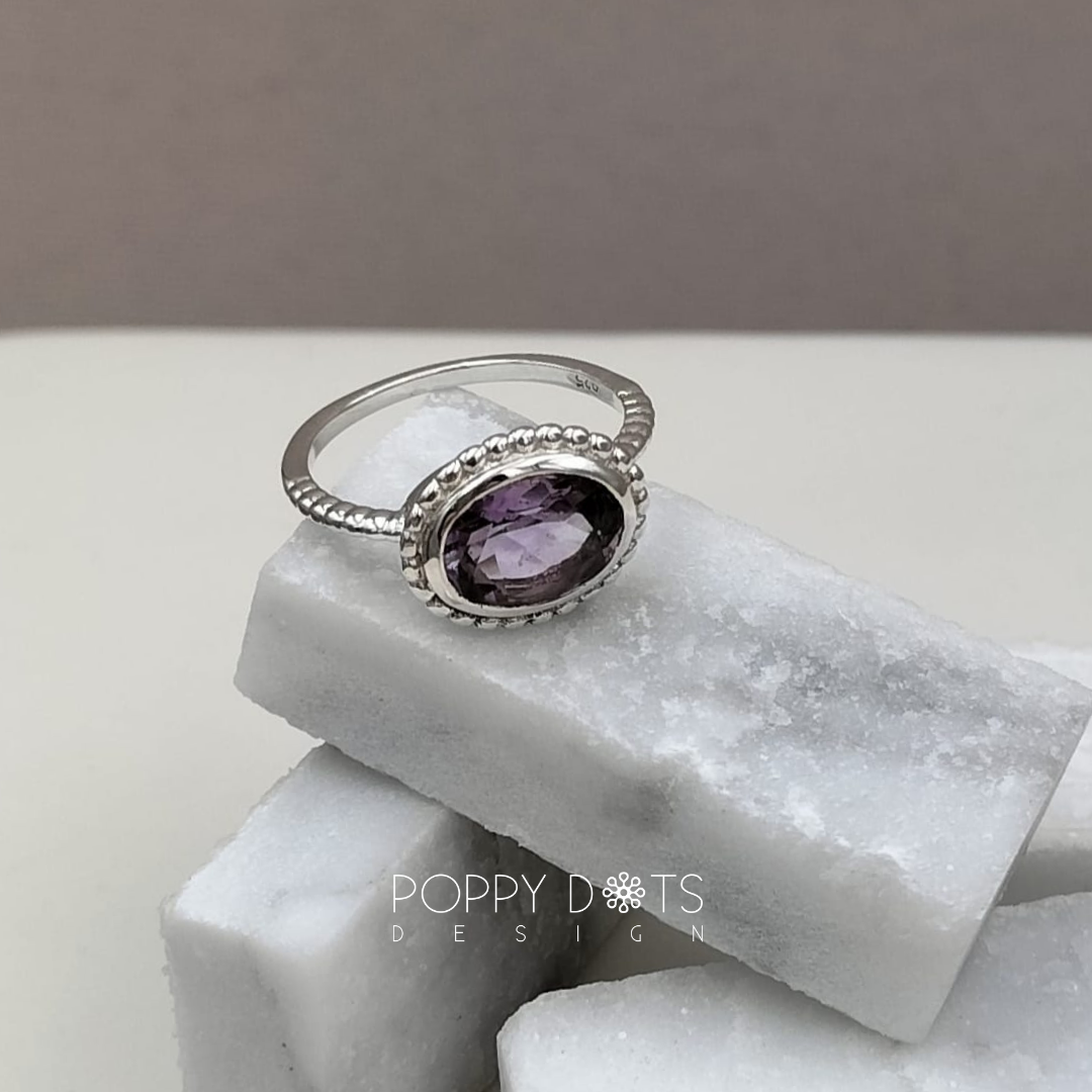 Sterling Silver Dottie Oval Purple Amethyst Ring Poppy Dots Design