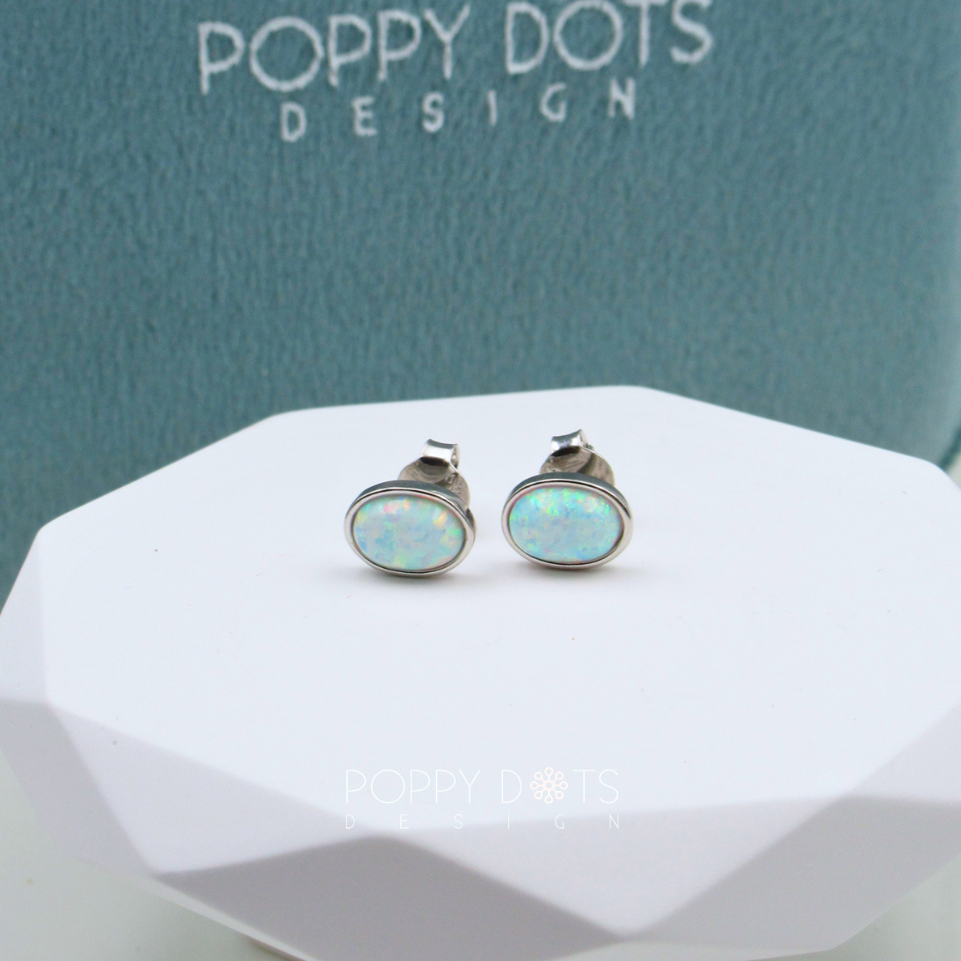 Sterling Silver Oval White Gilson Opal Stud Earrings