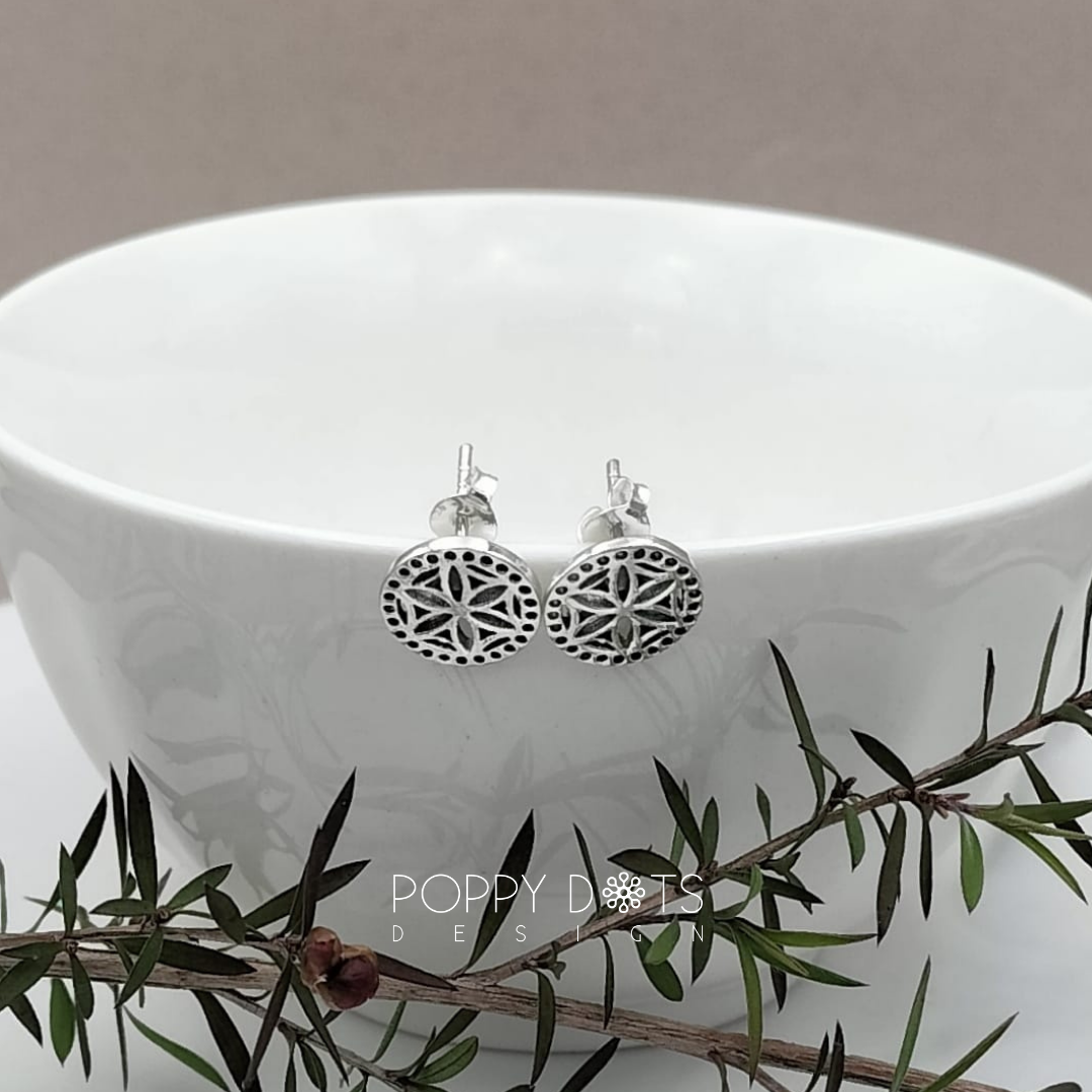 Sterling Silver Oxidised Flower of Life Studs