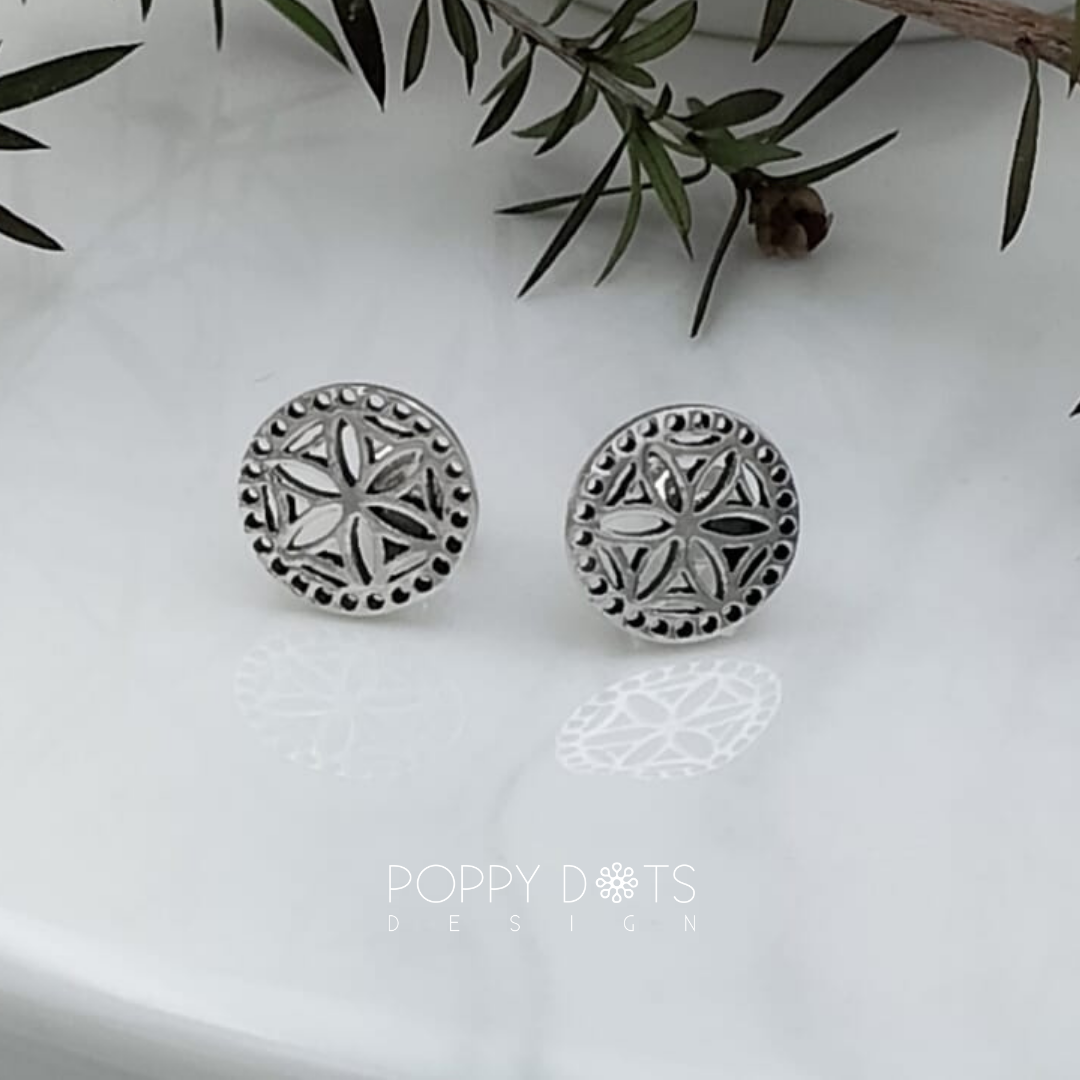 Sterling Silver Oxidised Flower of Life Studs