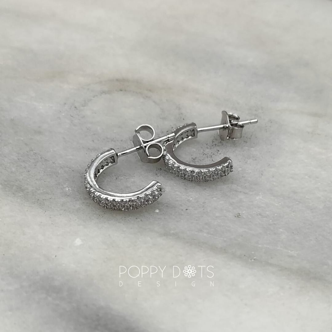 Sterling Silver Paved Zirconia Half Hoop Studs