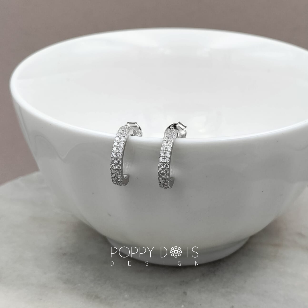 Sterling Silver Paved Zirconia Half Hoop Studs