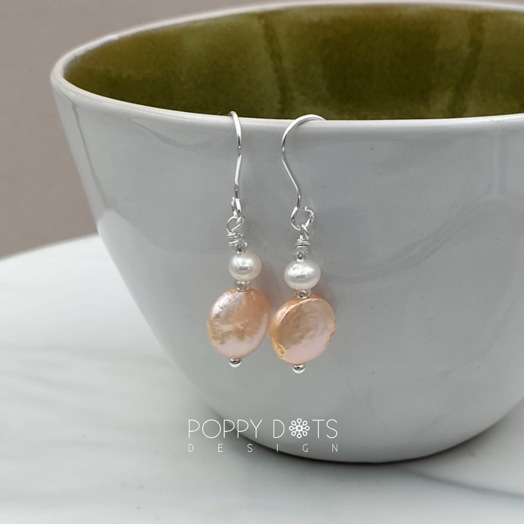 Sterling Silver Peach Coin Pearl Earrings