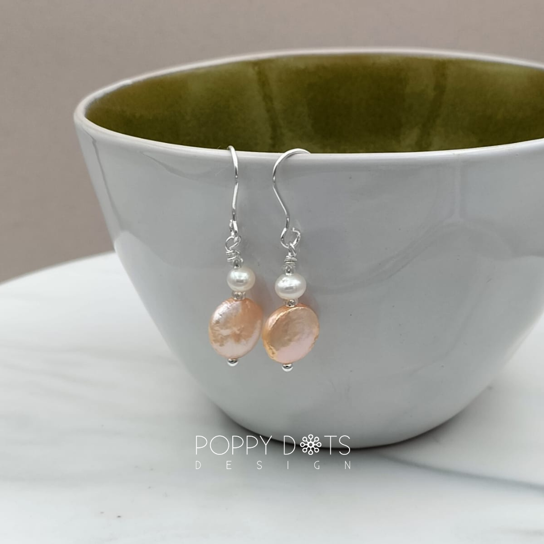 Sterling Silver Peach Coin Pearl Earrings