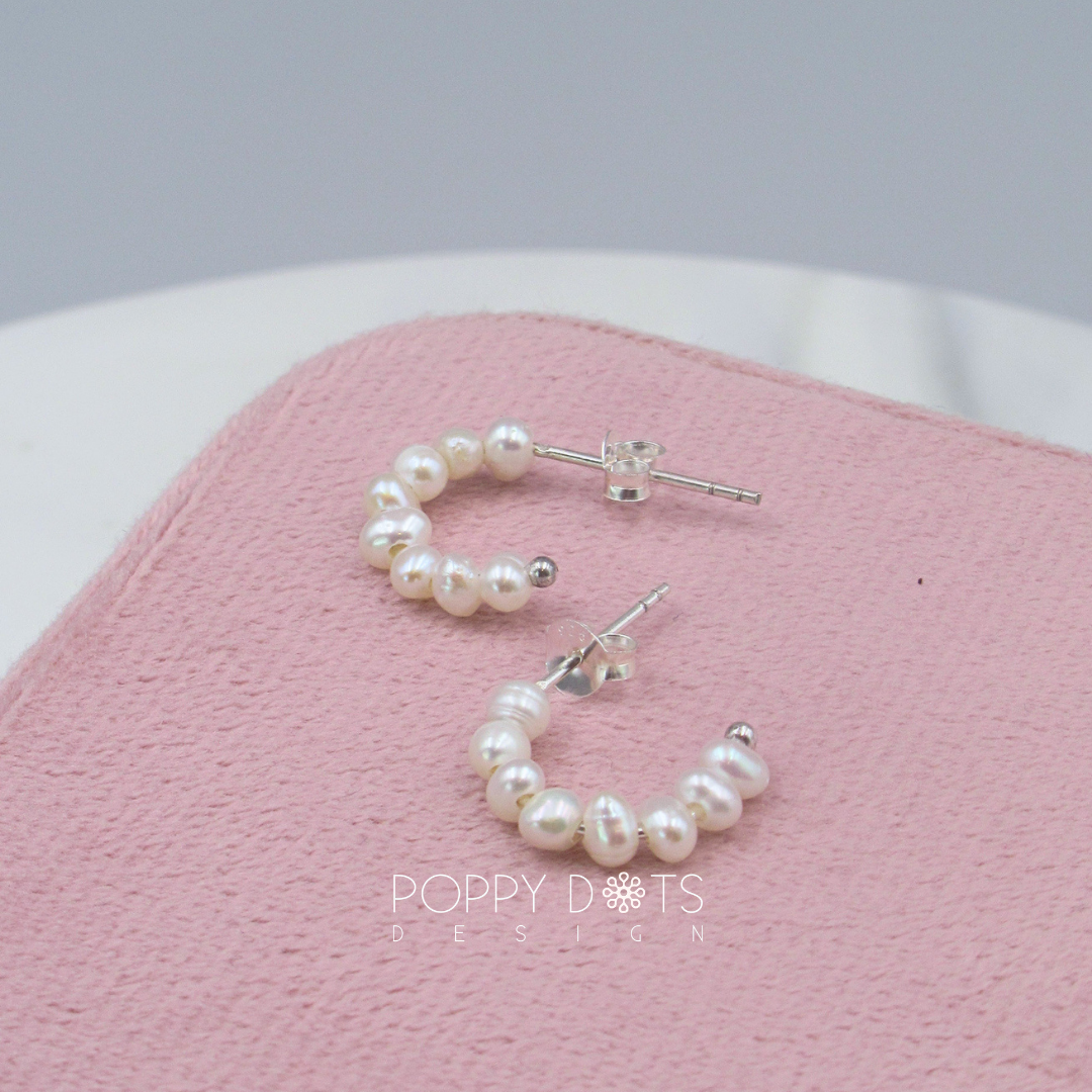 Sterling Silver Modern Pearl Half Hoop Stud Earrings