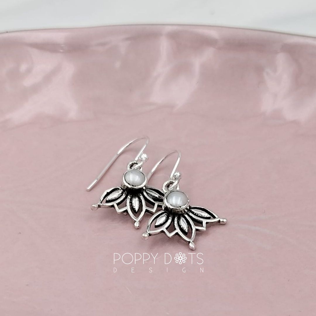 Sterling Silver Pearl Upside Down Lotus Earrings