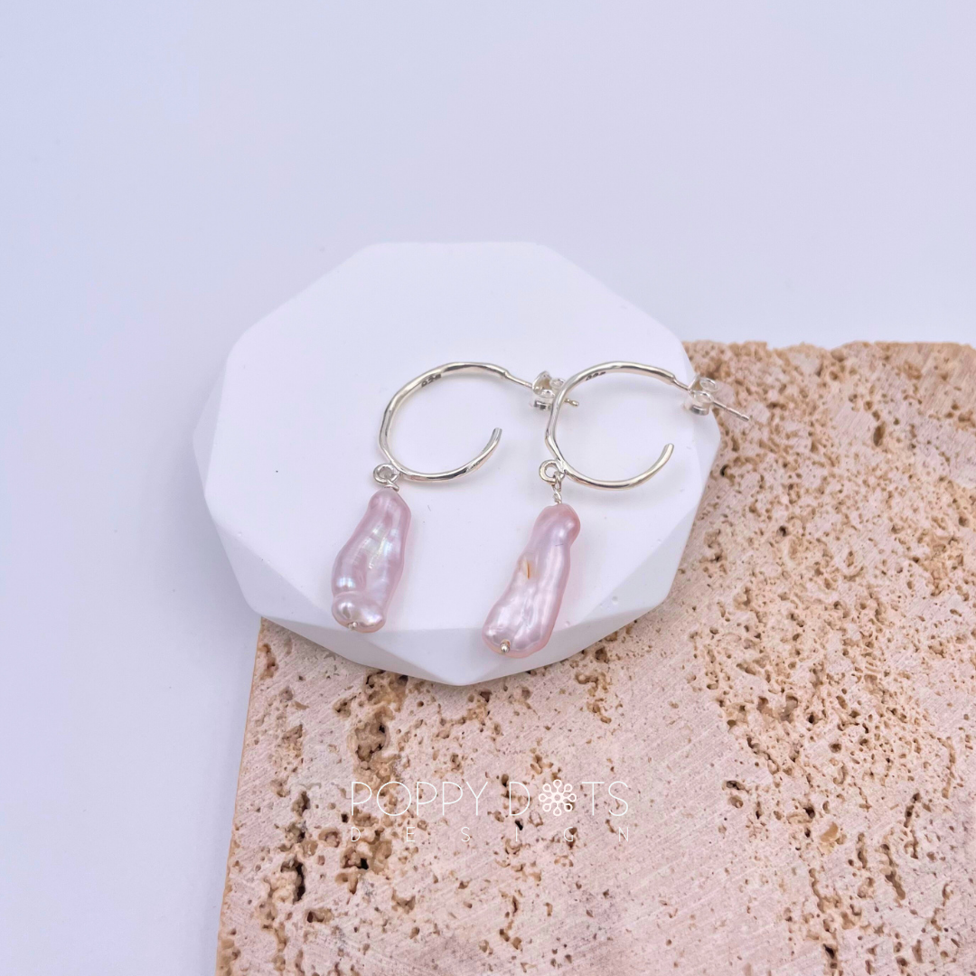 Sterling Silver Hoops with light Pink Pearl Earrings