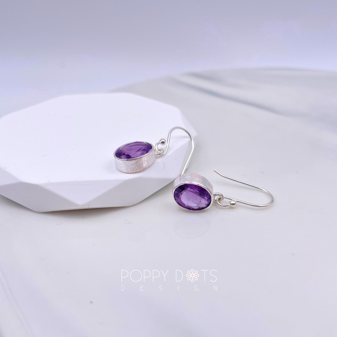 Sterling Silver Oval Purple Amethyst Earrings